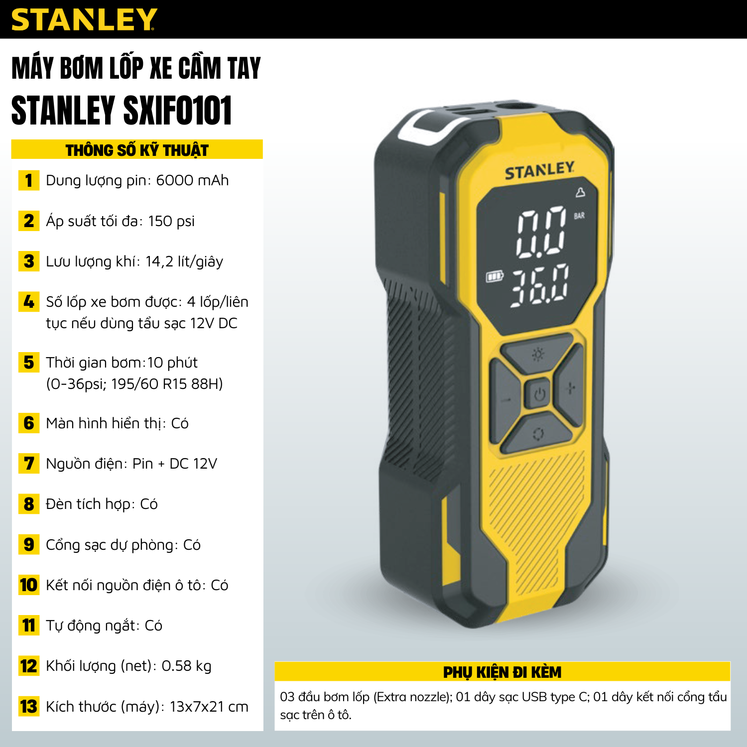 Dụng cụ đa năng STANLEY Model SXIF0101 bơm xe, đèn pin Led, sạc dự phòng - Hàng chính hãng
