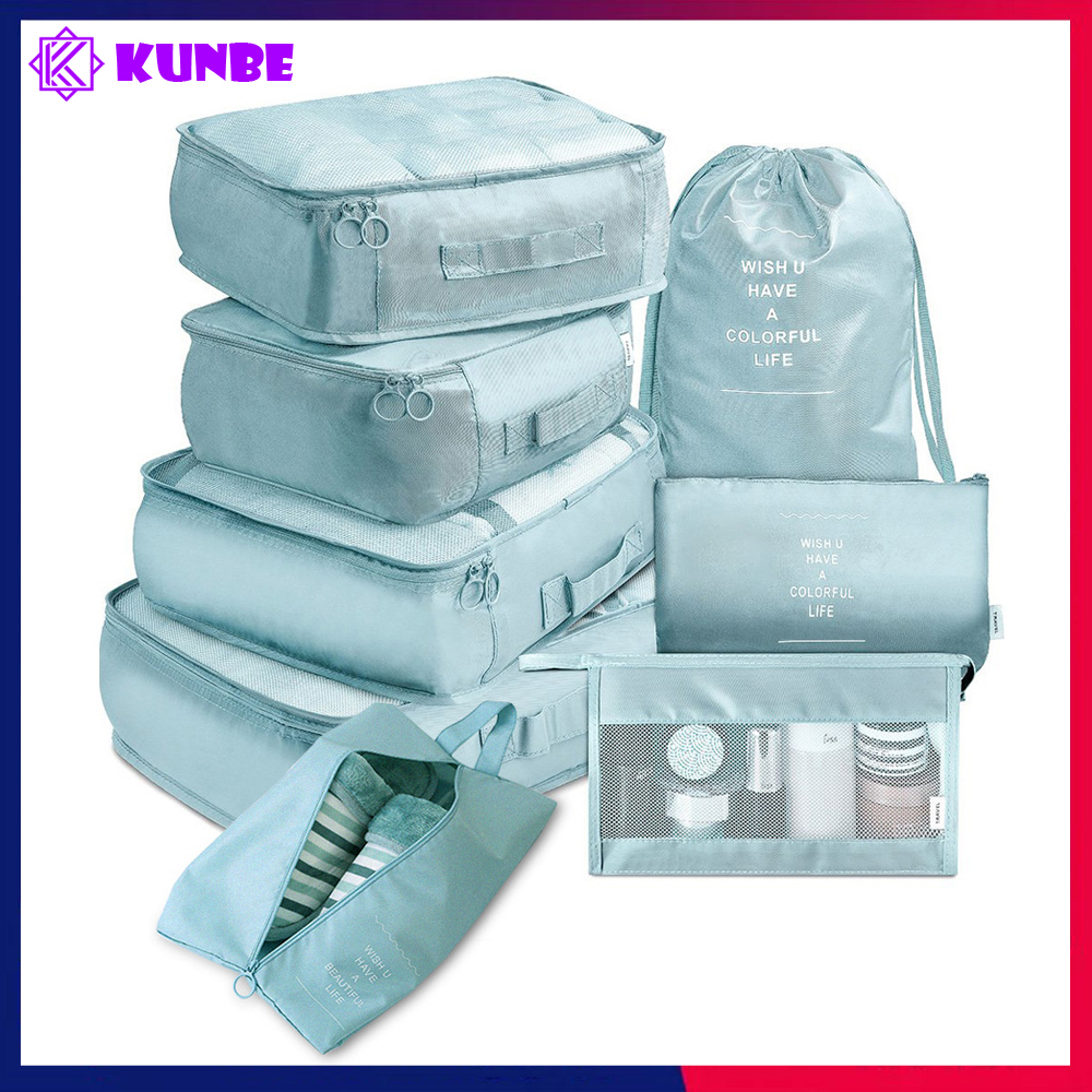 Set 8 Túi Đựng Đồ Du Lịch Cho Vali Kunbe Phiên Bản Cao Cấp Chất Liệu Dày Dặn, Siêu Tiện Lợi - Set Xanh Mint