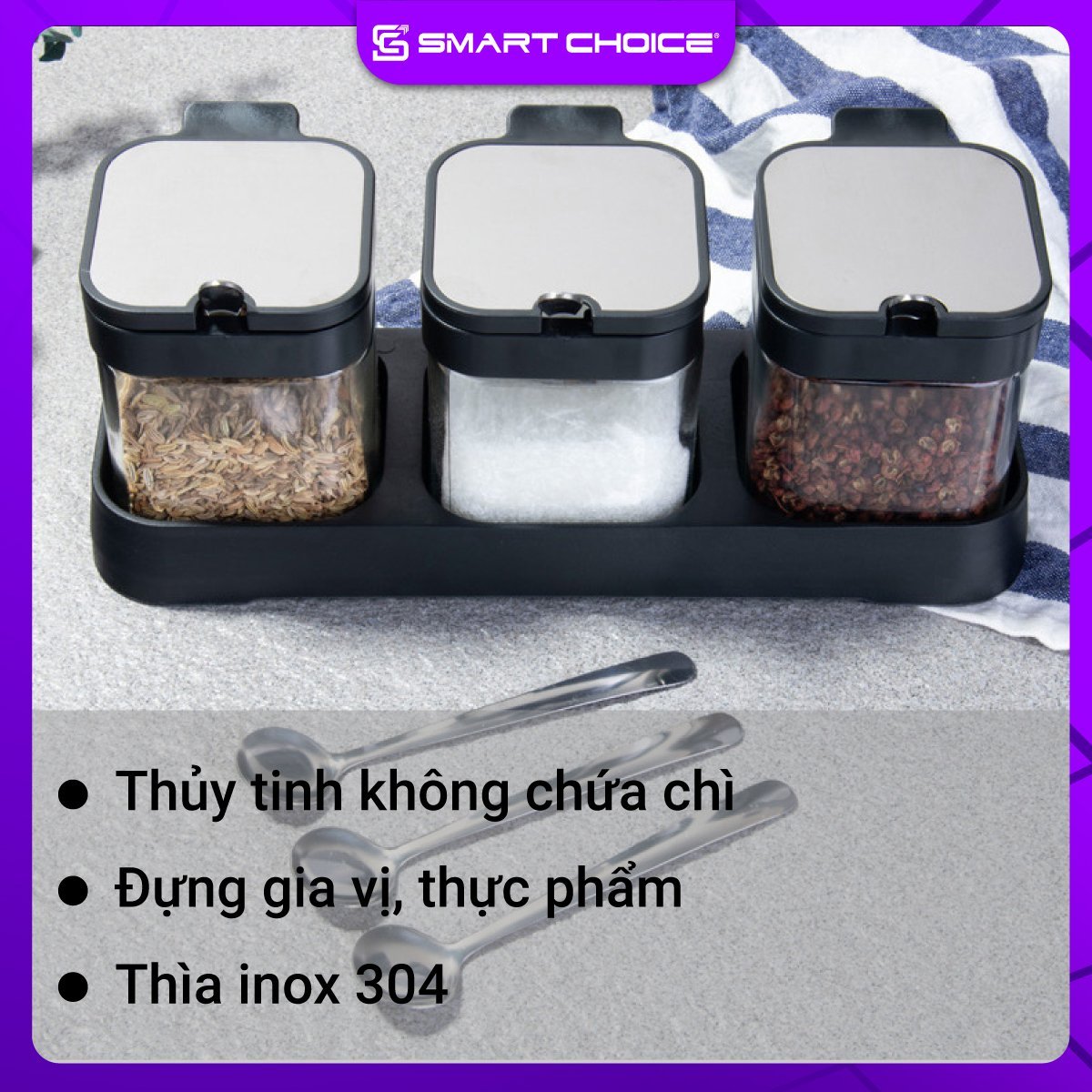 Lọ Đựng Gia Vị Thủy Tinh SMARTCHOICE Có Thìa Kèm Khay Cao Cấp, Set 3 Hũ Đựng Gia Vị Dày Dặn Nắp Bật Inox 304 - Hàng Chính Hãng