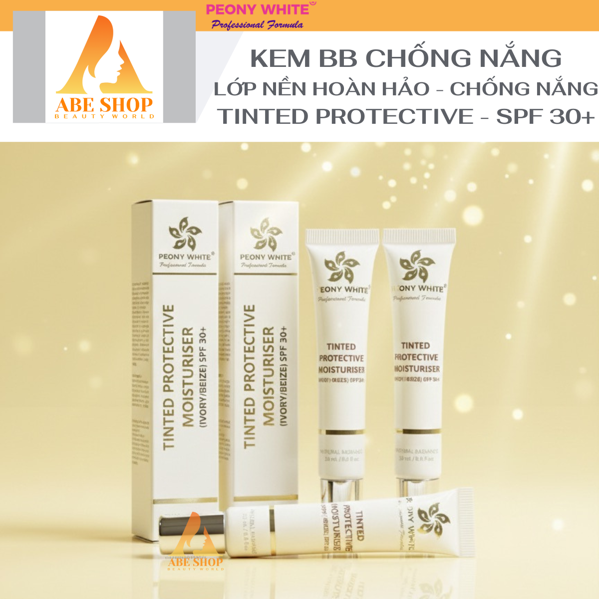 Kem BB PEONY WHITE - TINTED PROTECTIVE MOISTURISER - Chống Nắng - Bật Tone (IVORY/BEIZE) SPF 30+ - Che Khuyết Điểm 25ml