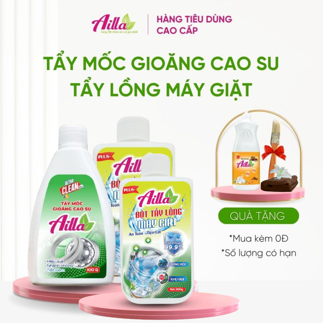 Combo 2 Tẩy lồng máy giặt Ailla 300Gr 1 Mốc Gioăng Cao Su Ailla 100Gr  Làm Sạch Mảng Mốc (Tặng Rửa Chén + Chổi Quét)