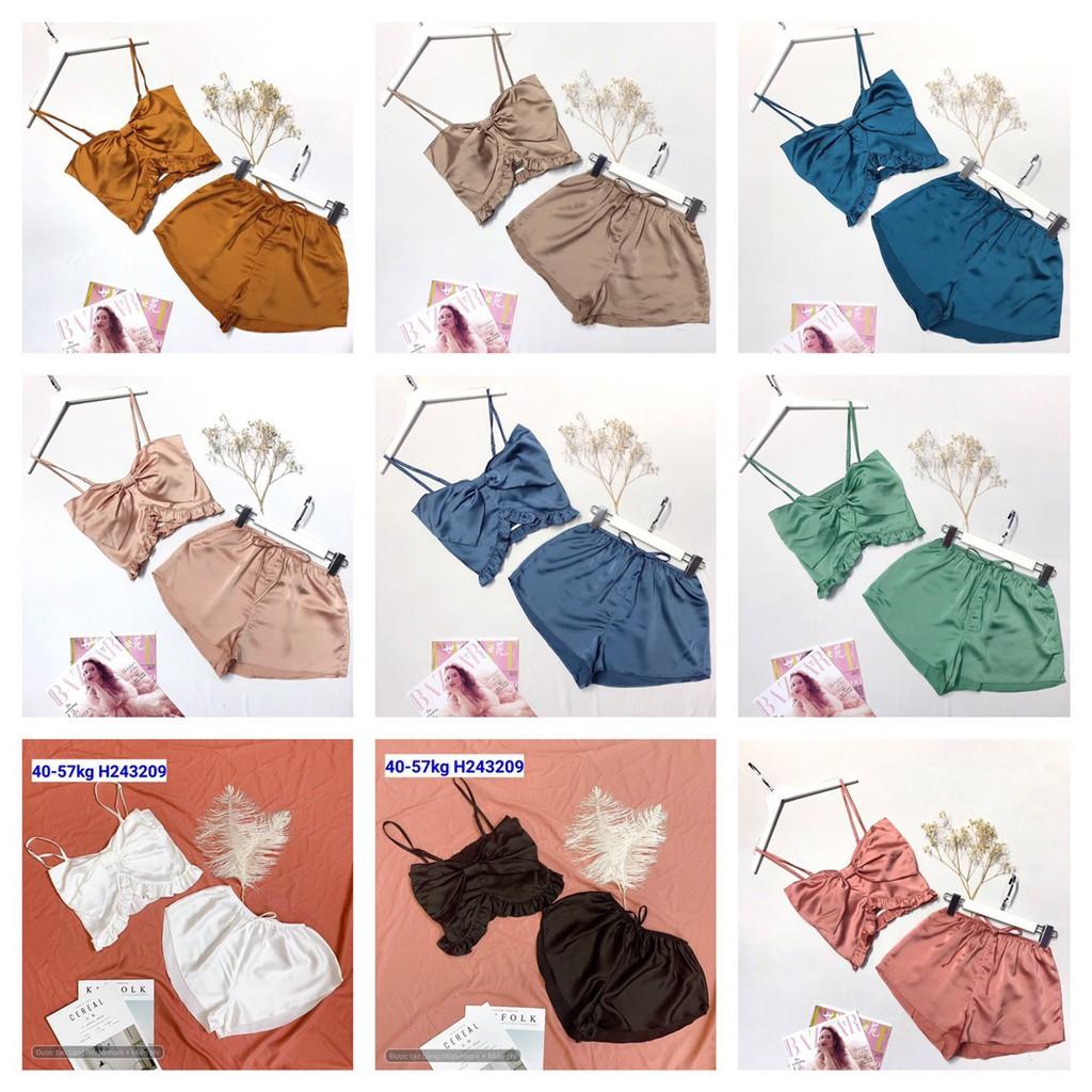 BỘ NGŨ 2 DÂY NHIHOUSE71 ÁO CROPTOP NƠ NGỰC QUẦN ĐÙI LƯNG THUN CHẤT LỤA SATIN SIÊU CUTE FREESIZE 45-57 KG