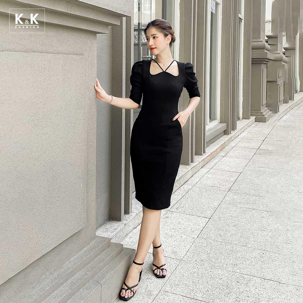 Đầm Đen Ôm Body Tay Lỡ Cổ Tim K&amp;K Fashion KK140-24 Chất Liệu Cát Thái