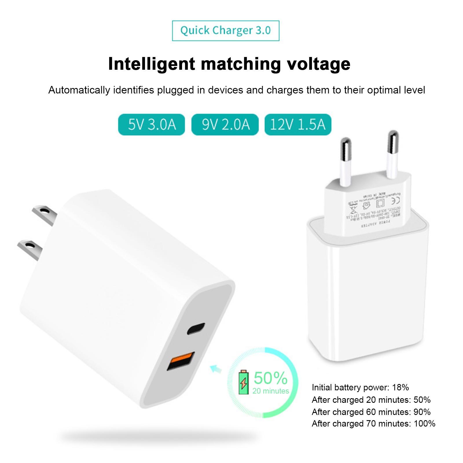 Bộ sạc USB du lịch di động Tương thích với iPhone 12 Pro / 11 18W Cổng kép PD USB C và QC3.0