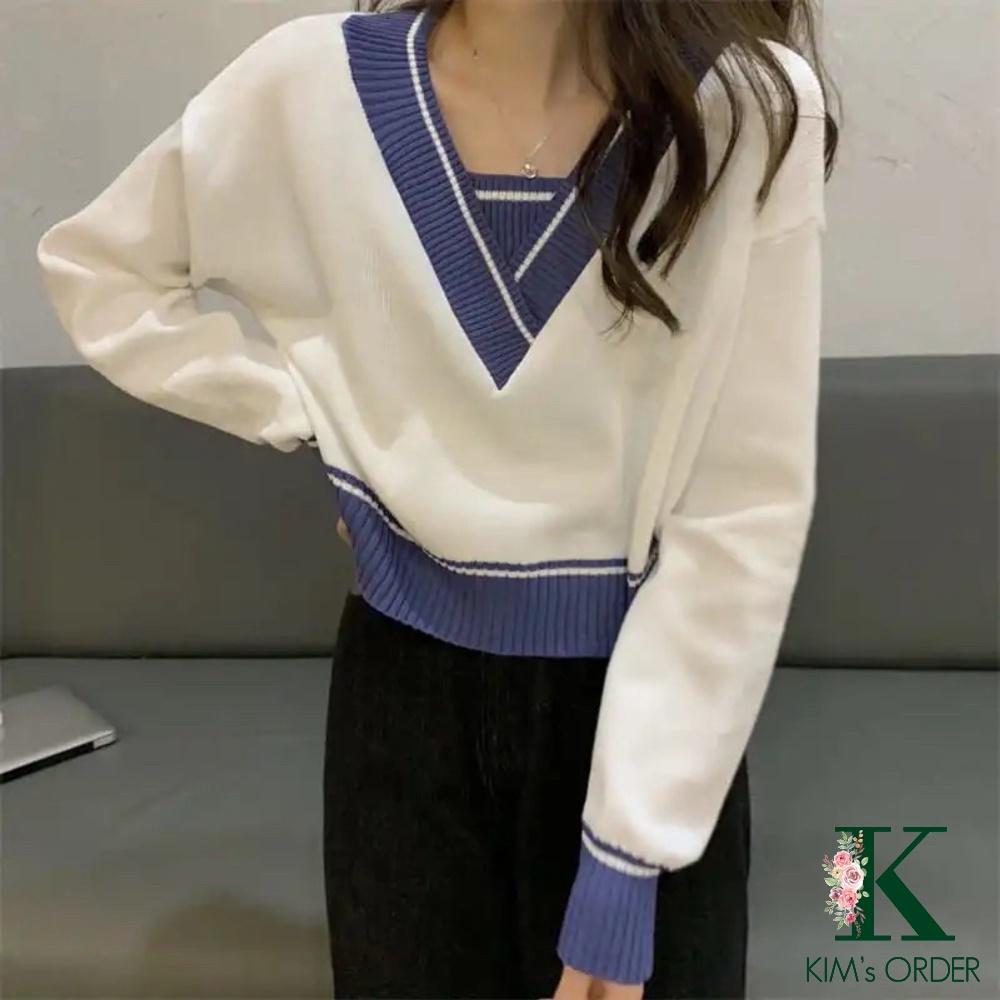 Áo Len Nữ Croptop Cổ Chữ V Màu Xanh Đen Trắng Be Xám Dài Tay Phong Cách Ulzzang Hàn Quốc Loại Đẹp Hàng Quảng Châu