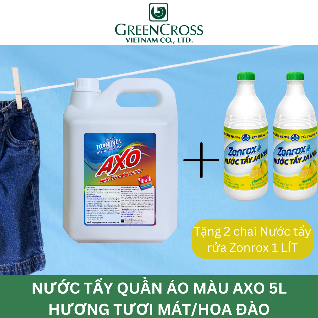 Nước tẩy quần áo màu đánh bay vết bẩn AXO can 5 Lít Tiết Kiệm Hương Hoa Đào/Tươi Mát