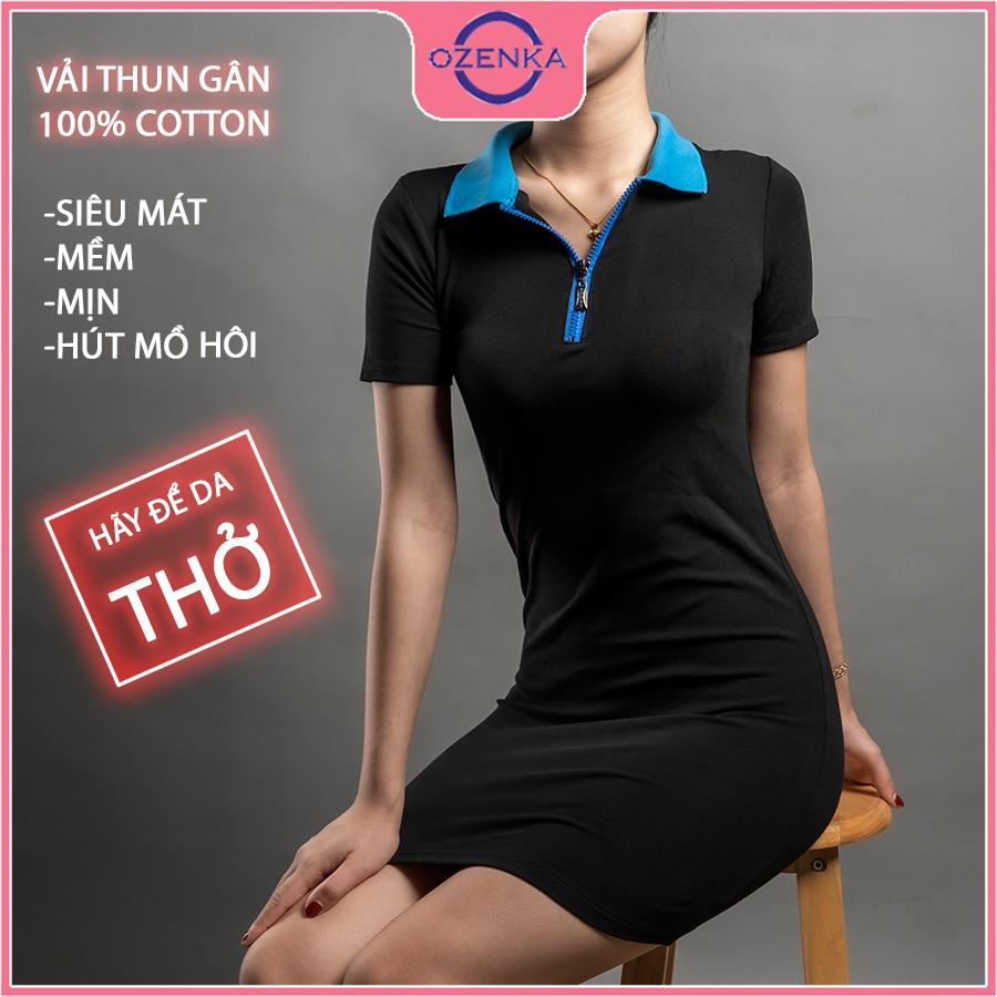 Váy polo ôm body trơn khoá kéo tay ngắn , đầm dự tiệc màu đen trắng chất thun gân cotton 100% rẻ đẹp mát