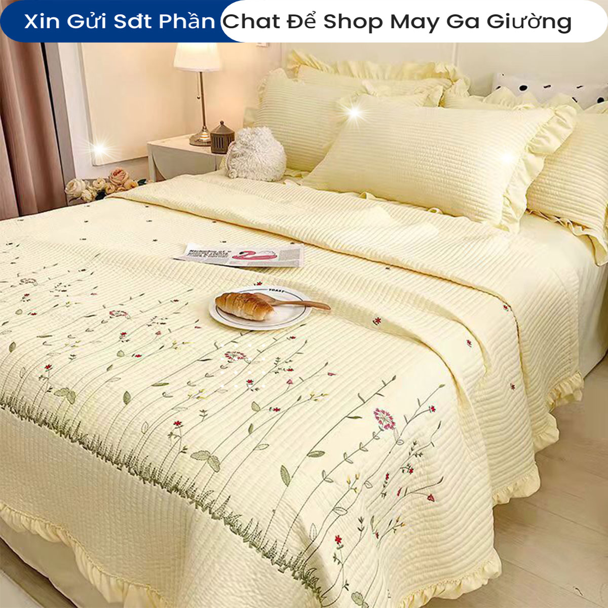 Bộ Chăn Ga Gối Đệm Cotton Solid Vitage Drap Giường Cao Cấp Bộ Ga Phủ Chăn Chần Bông