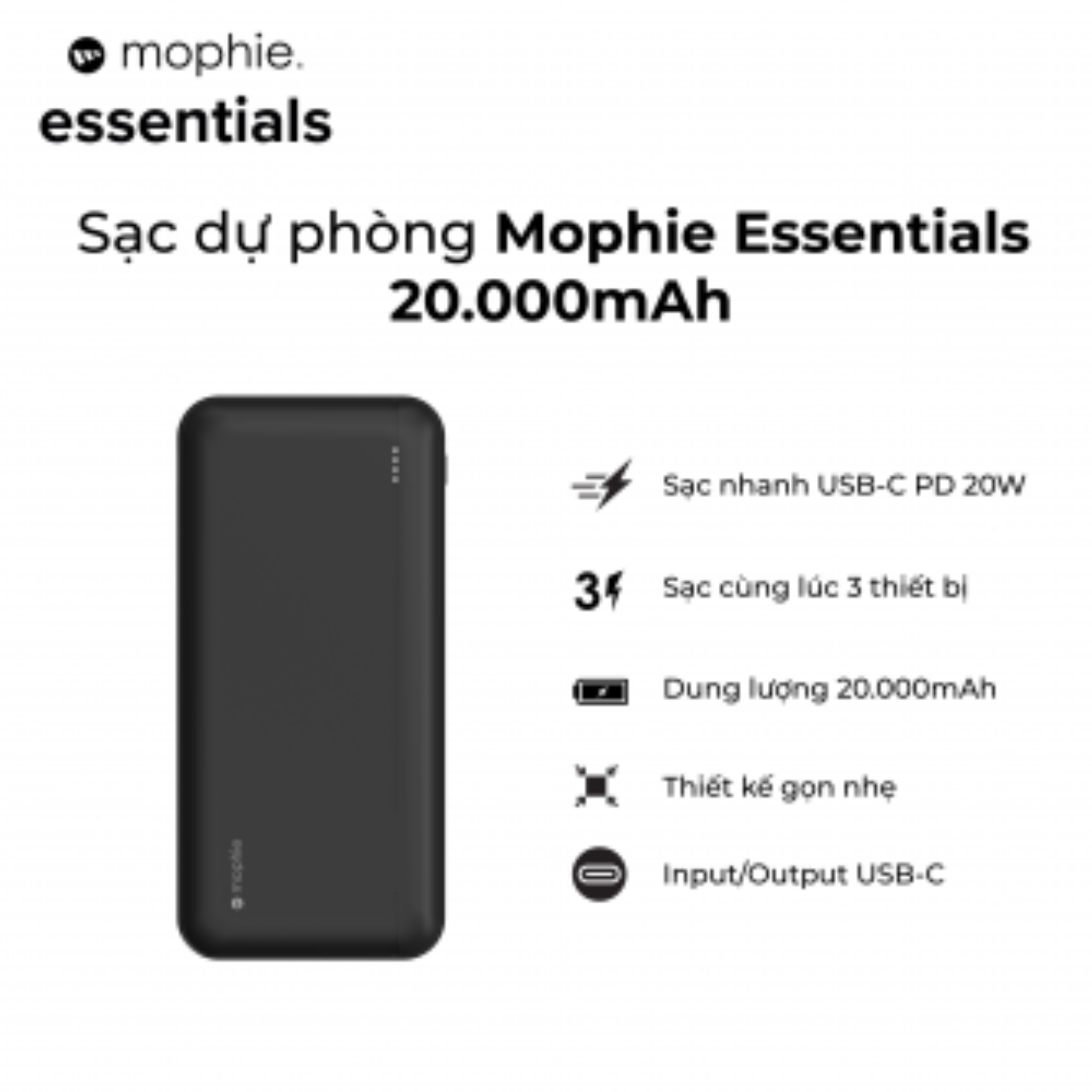Sạc dự phòng mophie Essentials powerstation 20000mAh hỗ trợ sạc nhanh chuẩn PD 20w - Hàng chính hãng
