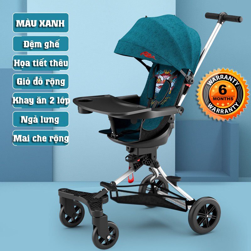 Xe đẩy em bé 2in1 4 bánh xoay 2 chiều, ngã lưng tiện lợi kiêm ghế ăn dặm cho bé với hoa văn màu sắc độc lạ