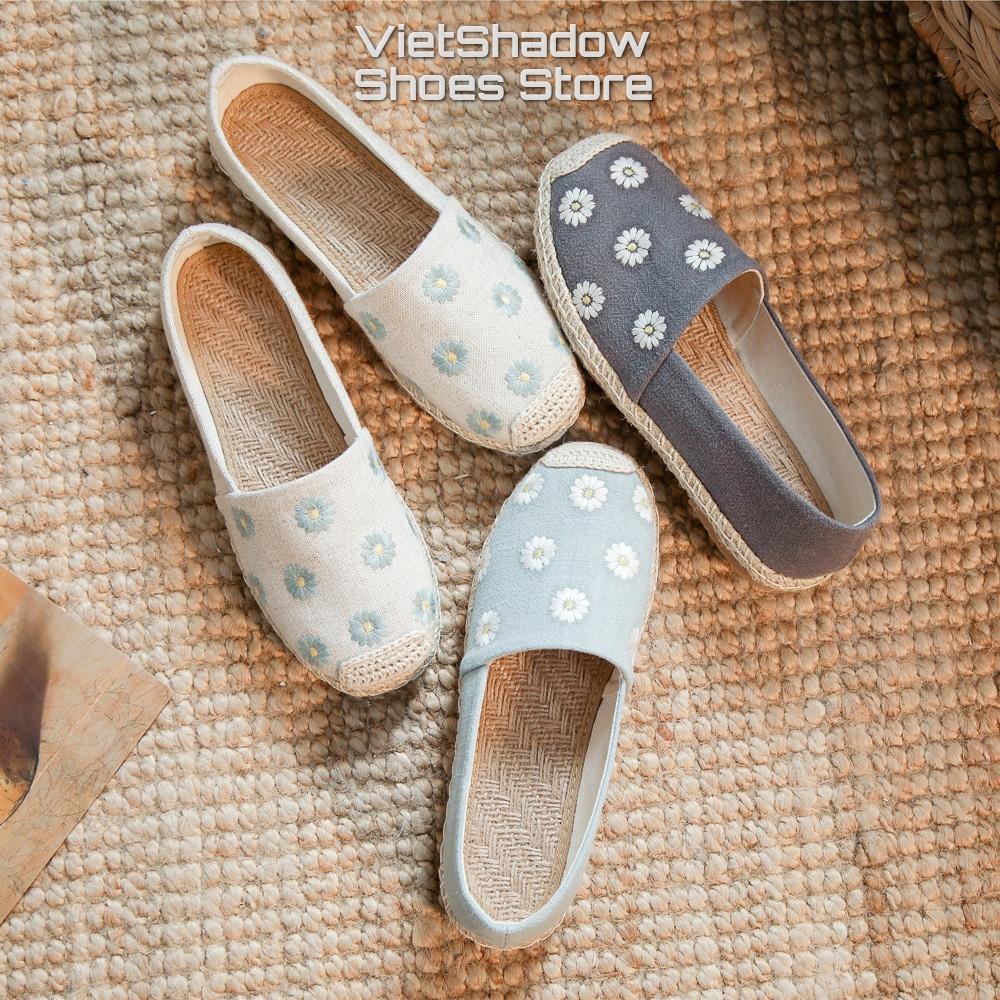 Slip on cói nữ - Giày lười vải thêu bông cúc - Chất liệu vải bố 3 màu (xanh), (xám) và (khaki) - Mã SP X-18