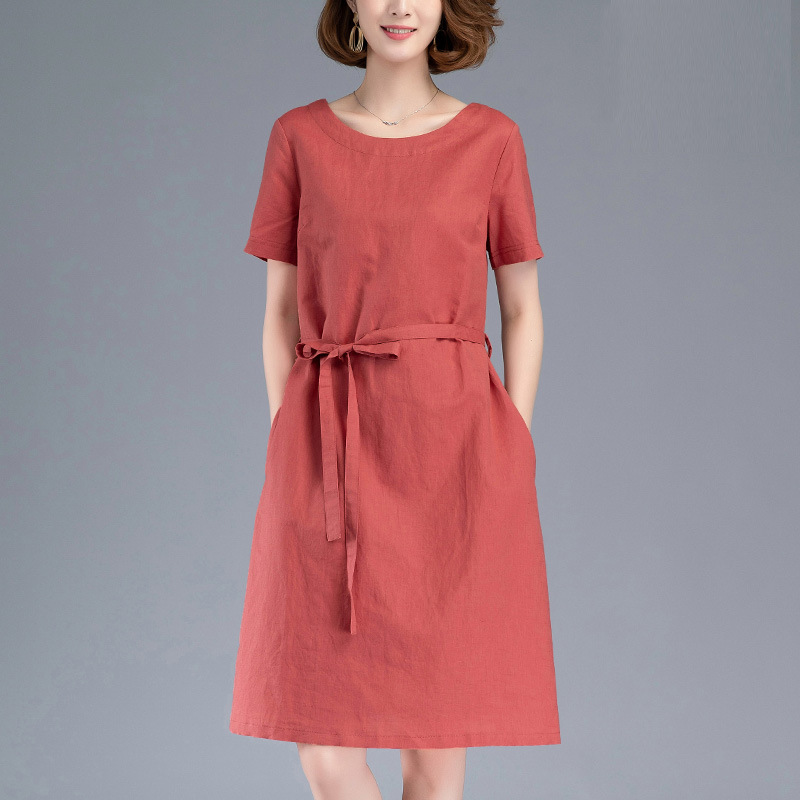 Đầm váy nữ suông trơn thắt eo, Váy Linen cổ tròn ngắn tay thiết kế cơ bản ARCTIC HUNTER
