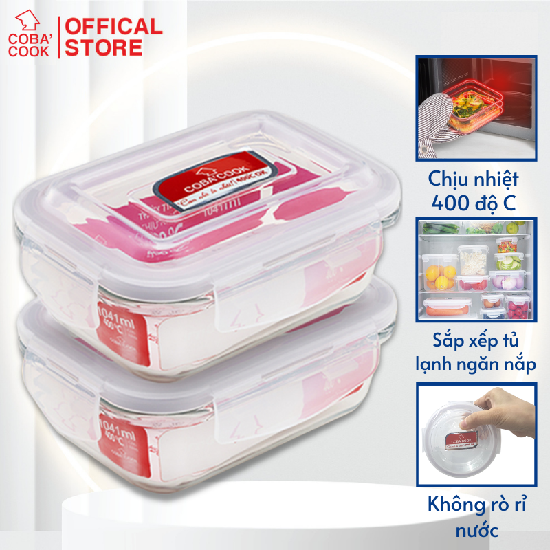 Bộ 2 hộp thủy tinh hộp đựng cơm trữ thức ăn chịu nhiệt COBA'COOK hộp chữ nhật 1041ml- CCL12