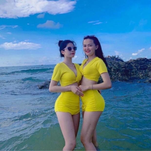 Set bikini tay ngắn xoắn ngực + quần lưng cao siêu hot
