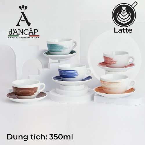 Bộ đĩa và ly sứ cà phê Ancap Latte 350ml vẽ tay lên thân