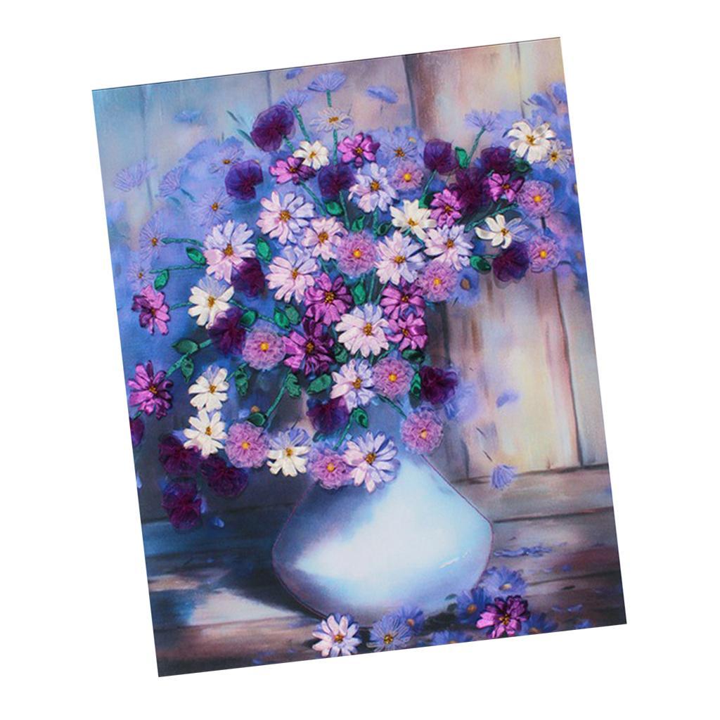 Flower Ribbon Embroidery Set Cross Stitch DIY Wall Decor 60x50cm