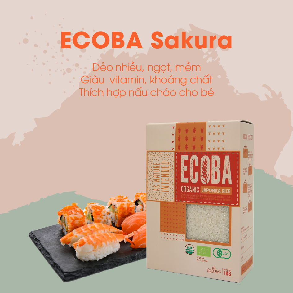 Gạo Nhật hữu cơ cao cấp/ECOBA Sakura 1kg - Nấu cháo cho bé ăn dặm - Hạt tròn, cơm mềm dẻo ngọt - 100% Organic