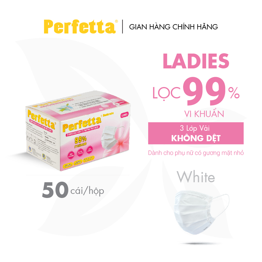 [1 Hộp - PERFETTA LADIES] - Khẩu Trang Dành Cho Phụ Nữ Chất Lượng Cao, Kháng Khuẩn, Chống Bụi Mịn, Màu Trắng, 3 Lớp, Bảo Vệ Tối Ưu - (50 cái/hộp)