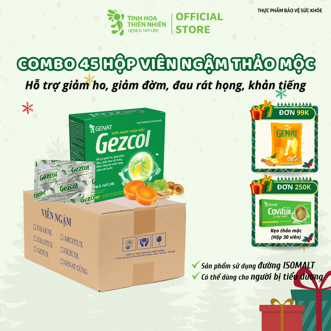 Combo 45 hộp viên ngậm ho thảo mộc Gezcol Hỗ trợ giảm đau rát họng, khản tiếng do viêm họng, viêm phế quản - Genat