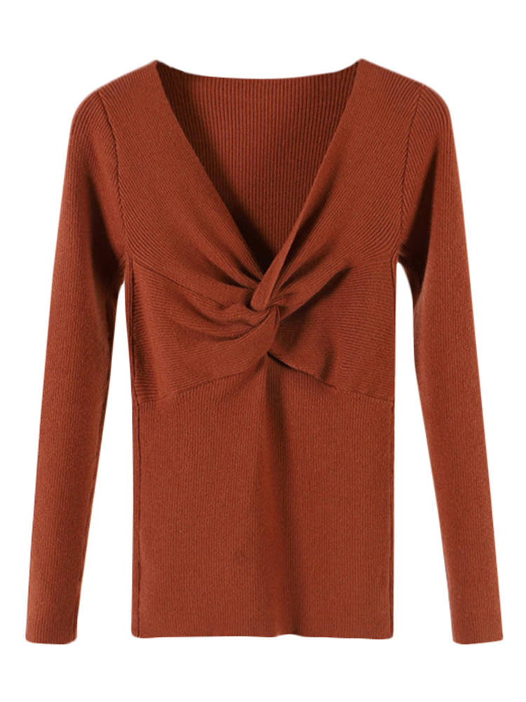 Fashion Women Winter Knit Bottoming Sweater Front Twisting Knot V Neck Long Sleeve Solid Color Slim Knitwear Pullover