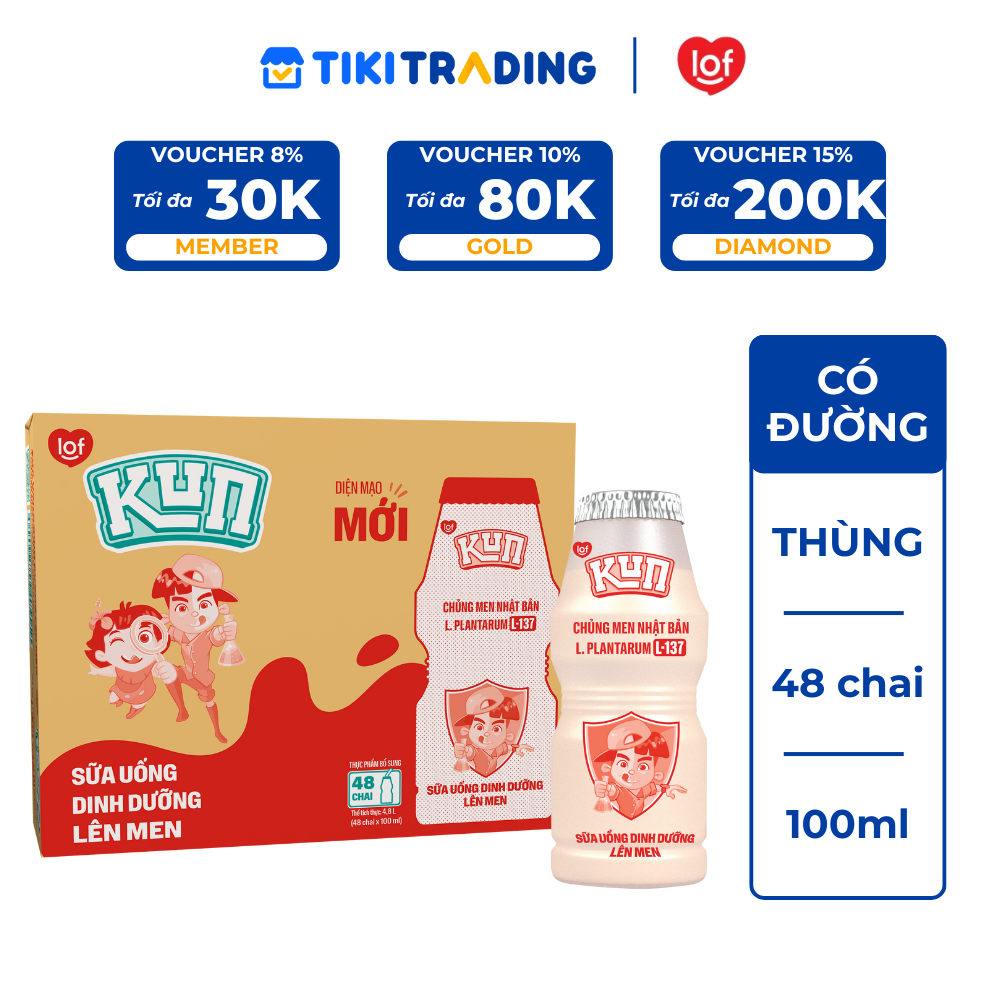 Thùng 48 chai Sữa chua uống KUN dinh dưỡng lên men Có đường 100ml