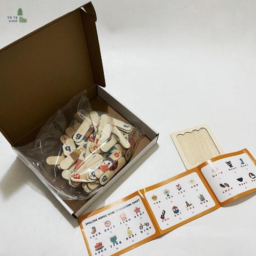 Xếp hình gỗ 3D Word Puzzle - Que Ghép gỗ có hình ảnh và chữ tiếng Anh kèm sách hướng dẫn, đồ chơi ghép hình gỗ 2 mặt Mon
