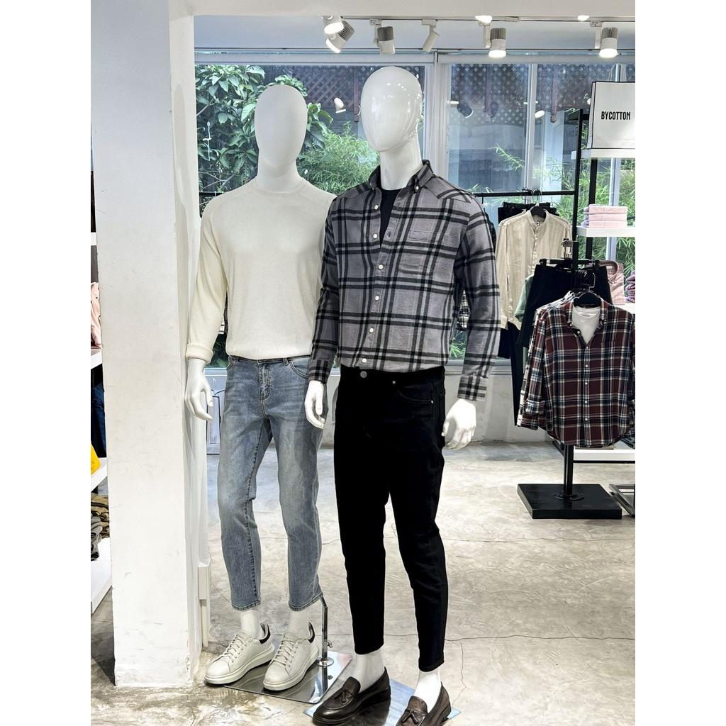 Áo Sơ Mi Nam Dài Tay Caro Đen Phối Xám BY COTTON Black Grey Checked Flannel Shirt