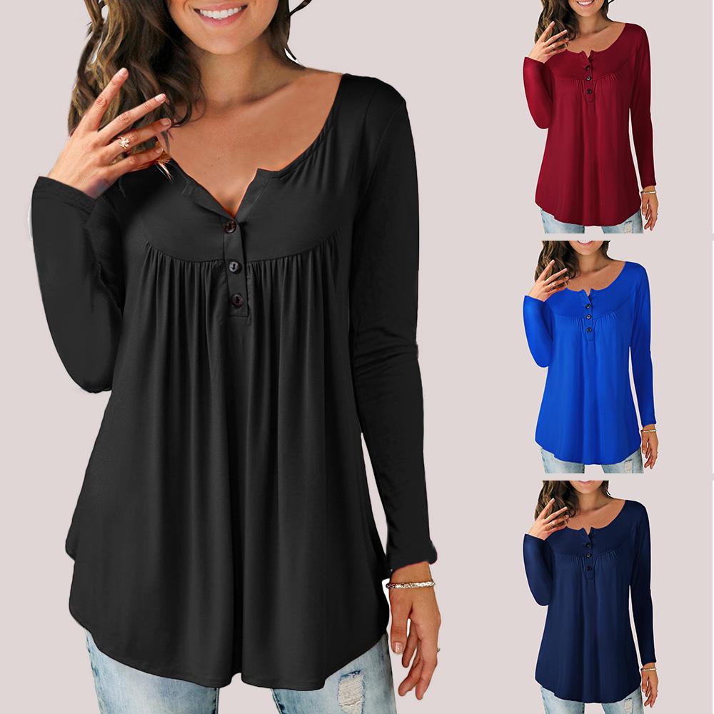 Women Plus Size T-shirt Long Sleeves Buttons Pleated Solid Blouse Casual Tops M-5XL for Lounging Streets Holiday