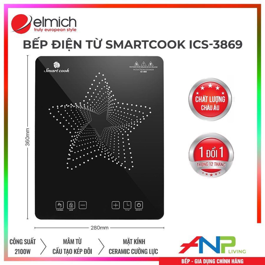 Bếp Từ Đơn Elmich Smartcook ICS-3869 (Công Suất 2100W, Điều Khiển Cảm Ứng, Mặt Kính Ceramic Cường Lực, Chống Sốc Nhiệt) - Hàng Chính Hãng