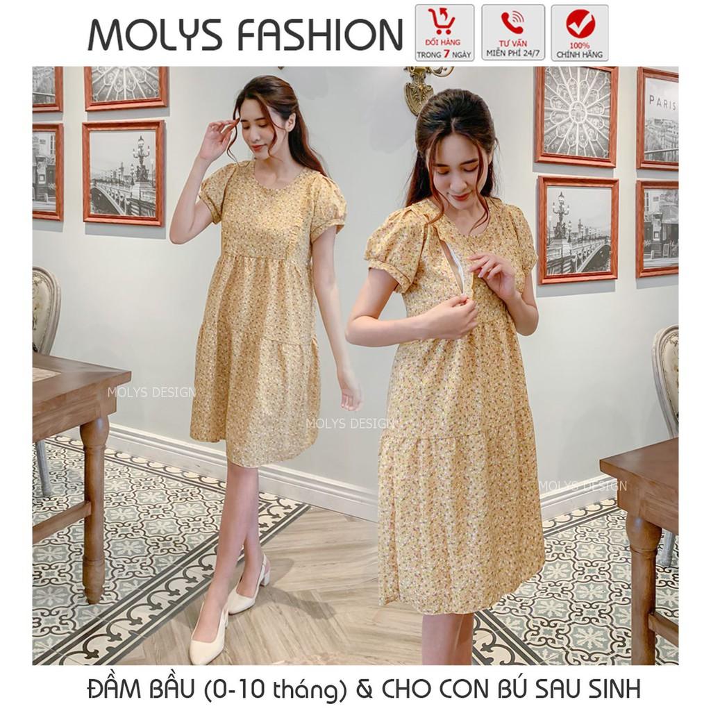 Đầm bầu kết hợp cho con bú sau sinh dáng babydoll ba tầng hoa nhí bèo ngực MOLYS VM6644 cúc điều chỉnh mặc hết thai kỳ