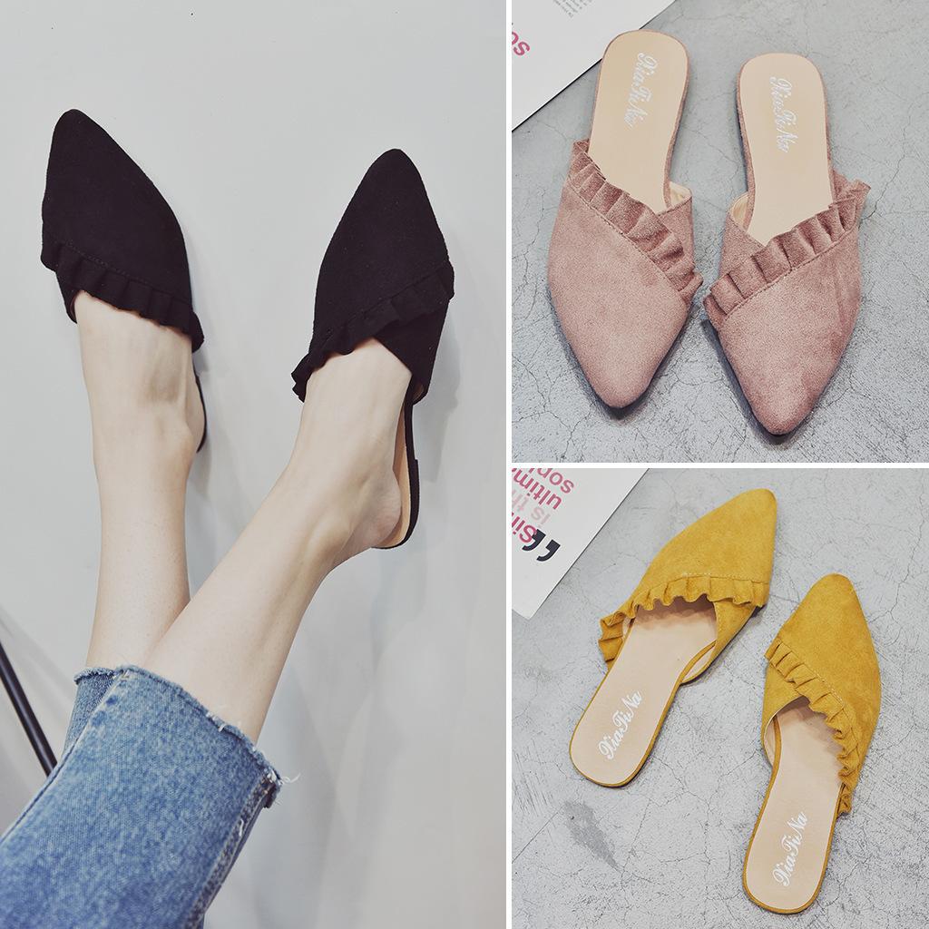 Dép sục da lộn viền bèo nữ tính