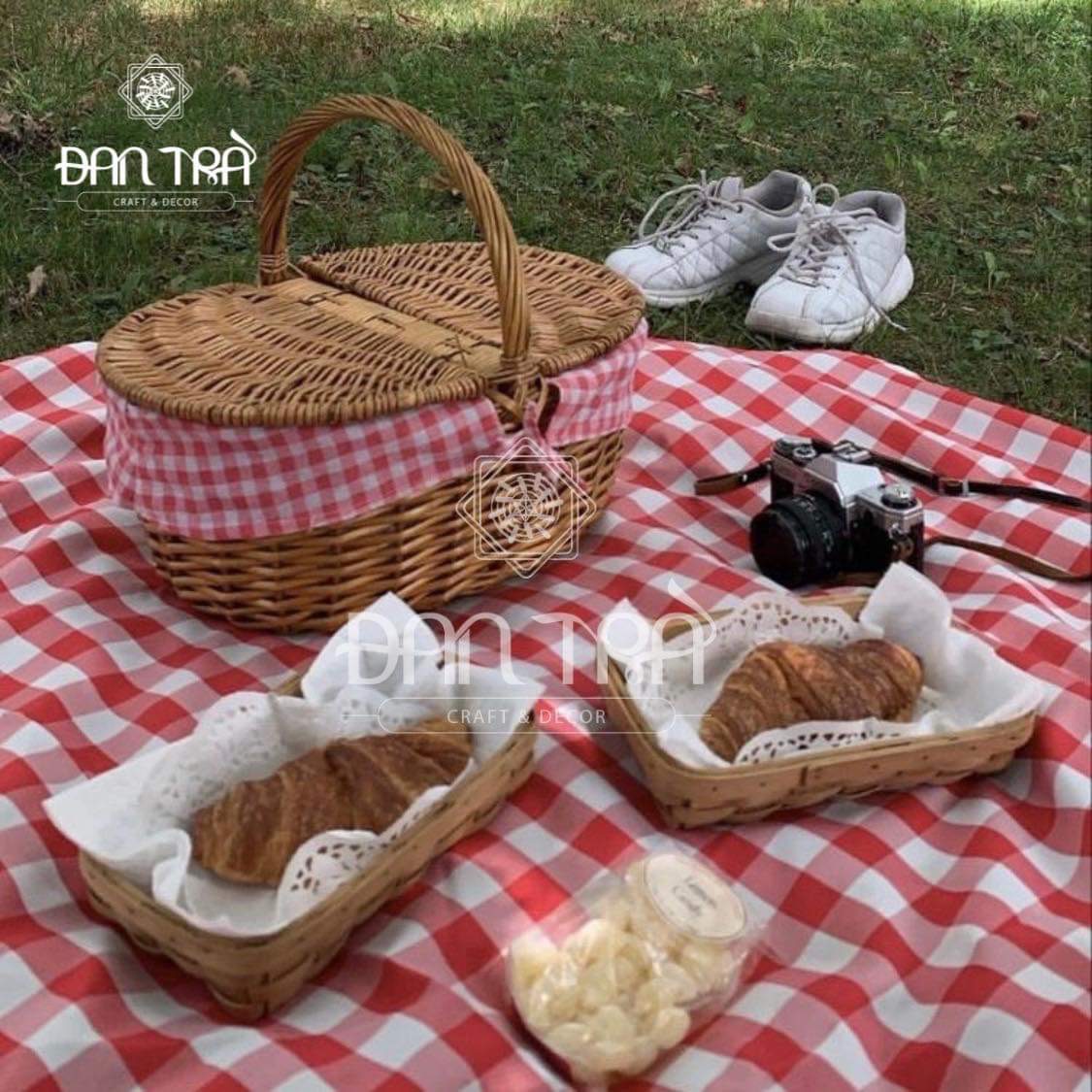 Giỏ Mây Picnic Lót Vải Có Nắp -Giỏ Mây Decor Phòng- Phụ Kiện Decor Mây Tre Đan