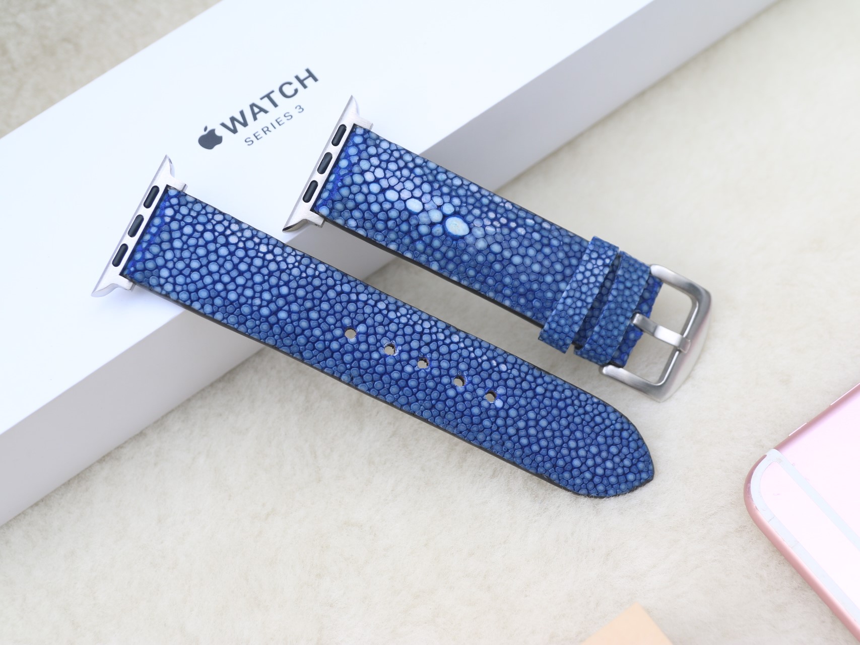 Dây Da Cá Đuối Xanh Navy thay thế dành cho Apple Watch Size 38mm / 40mm / 42mm / 44mm - Handmade