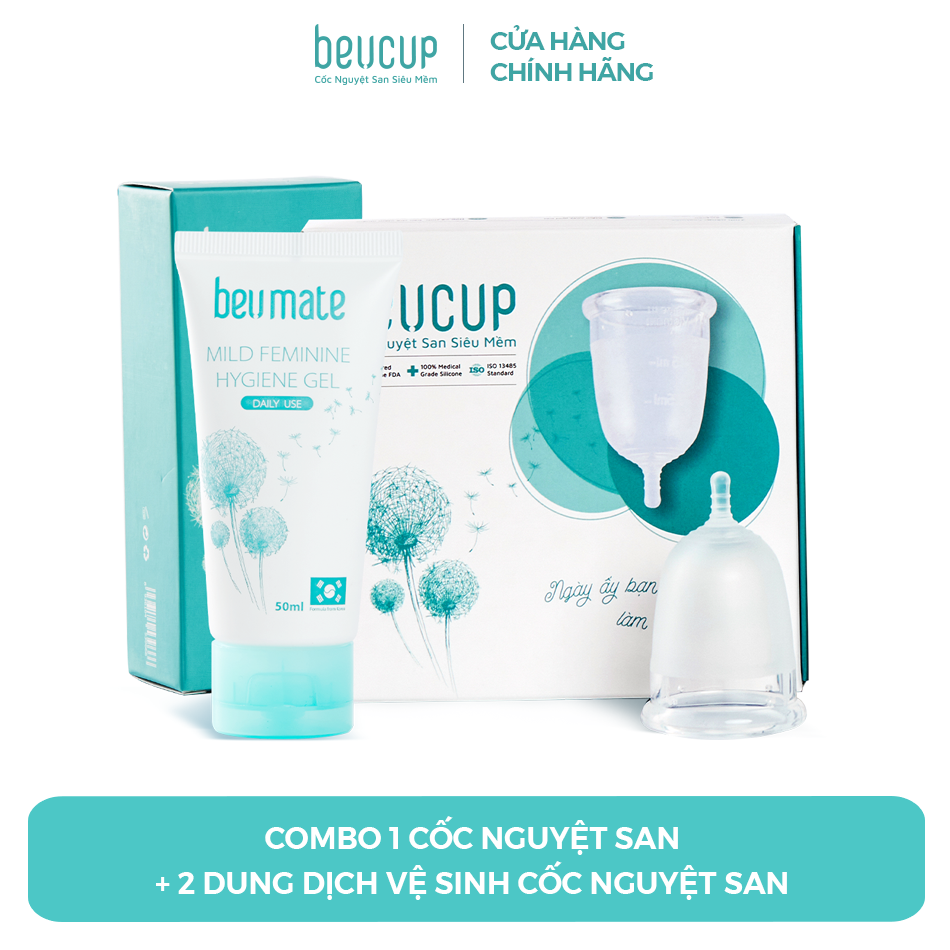 Bộ sản phẩm Cốc nguyệt san beUcup Silicol y tế Wacker Đức siêu mềm và dung dịch vệ sinh beUmate 50ml