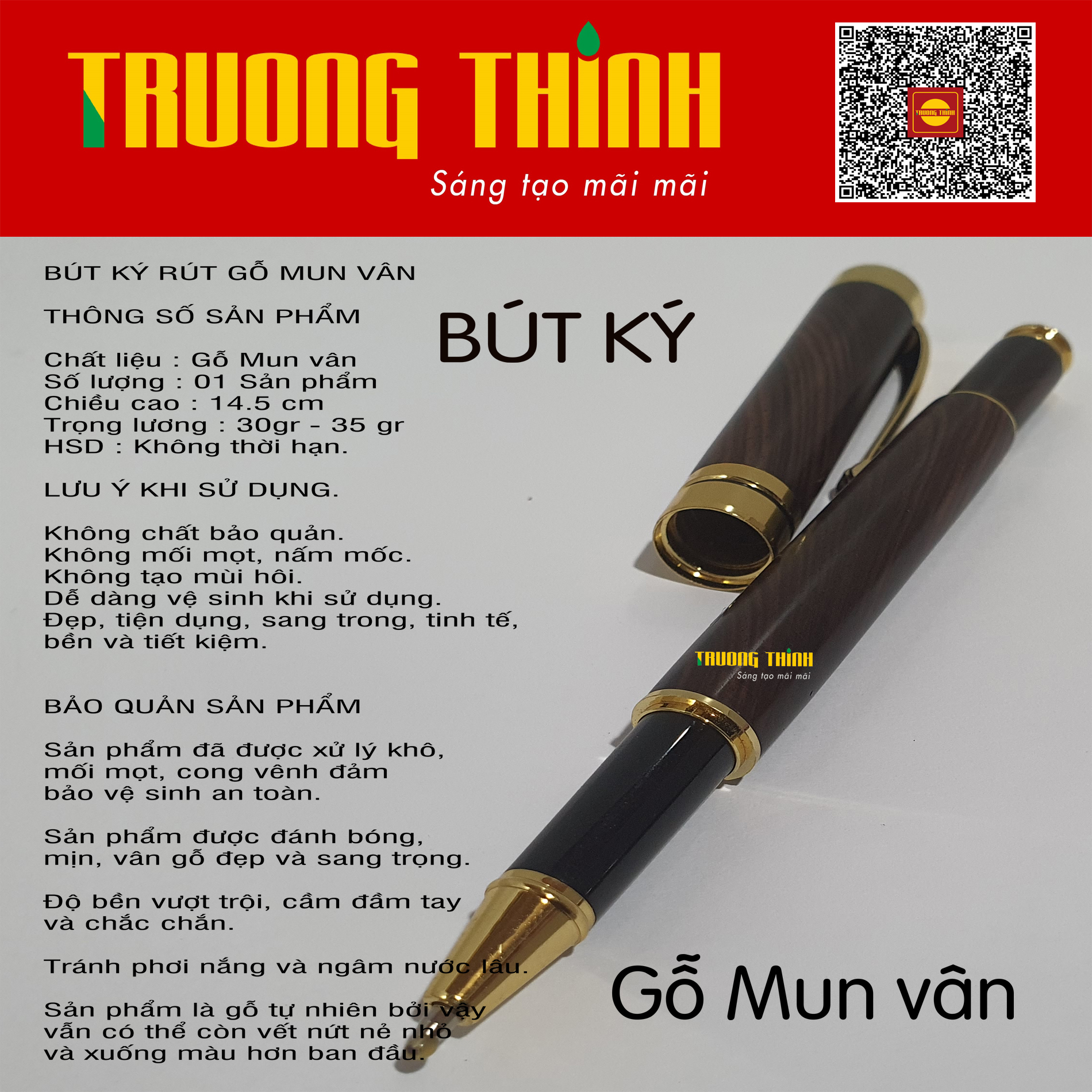 Bút Ký Gỗ Mun Vân Cao Cấp Sang Trọng Bền Đẹp Trường Thịnh Chính Hãng Đẳng Cấp Doanh Nhân. Loại Rút 14.5 cm