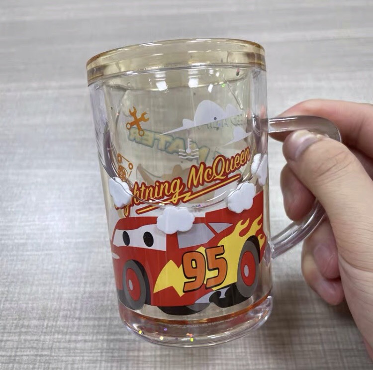 Ly quai cầm tay dạng thẳng 2 lớp nhũ nước kim tuyến trong suốt hình Car95 McQueen siêu cool cho trẻ em 250ml - PDC2518