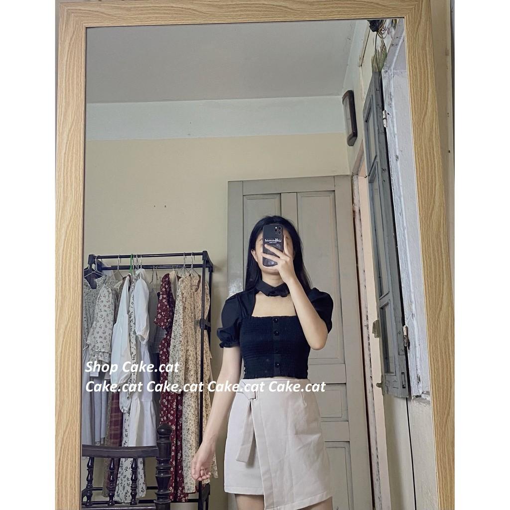 Áo croptop chun ôm người khoét ngực cổ sơ mi 2 màu trắng/ đen