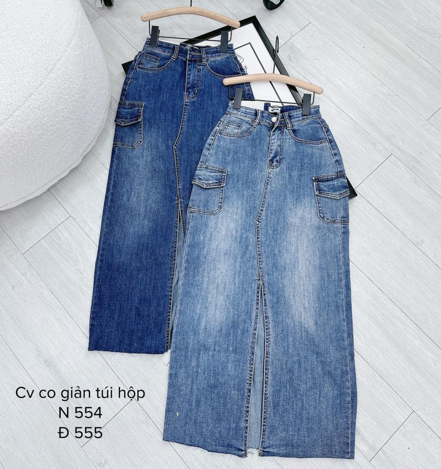 CHÂN VÁY DÀI LƯNG CAO JEANS MIDI CHỮ A ÔM BODY XẺ TRƯỚC CO GIÃN SUÔNG BÚT CHÌ TÚI HỘP ĐI TIỆC DẠO PHỐ ĐI CHƠI