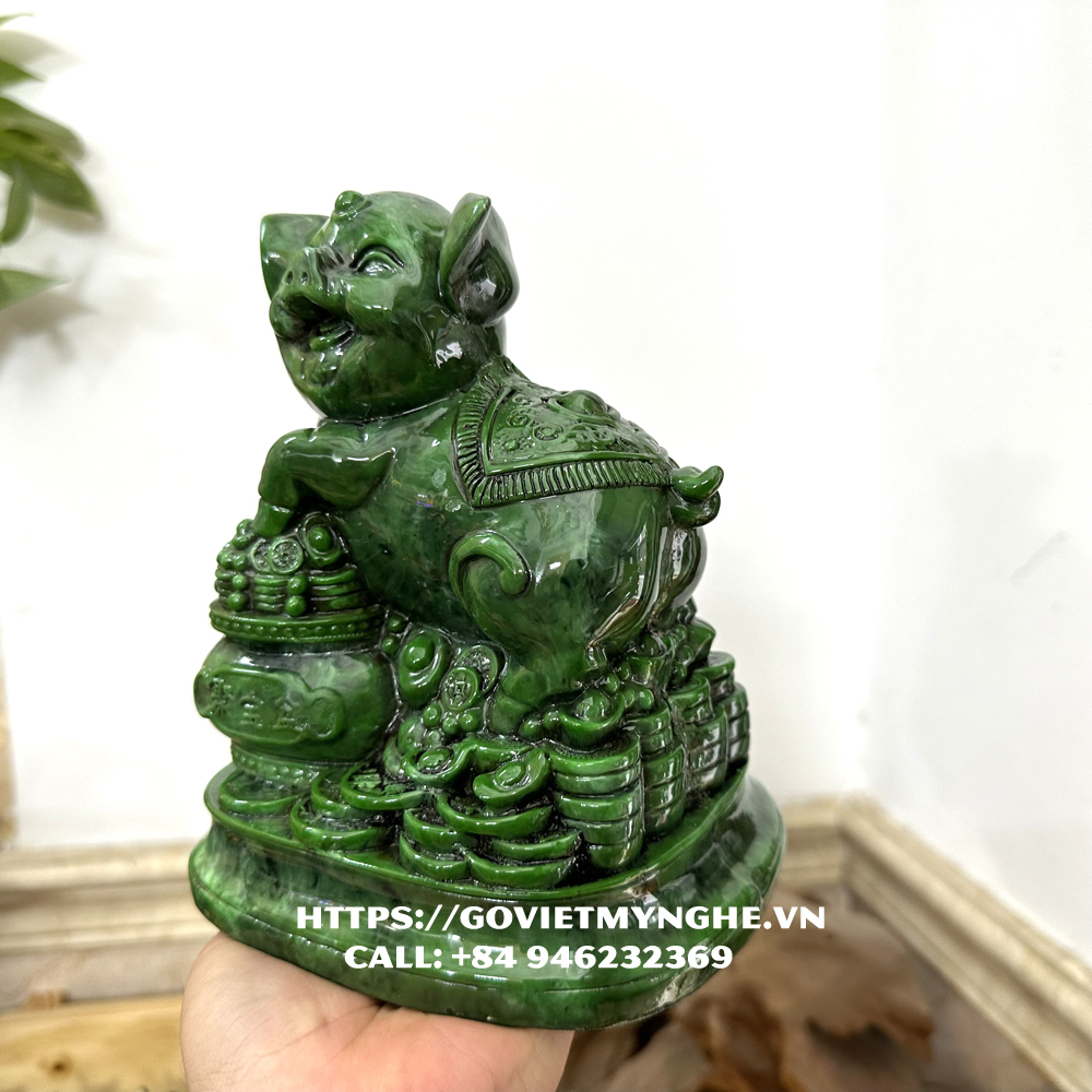 [Tượng heo phong thủy] Tượng đá con heo trang trí tượng heo phong thủy phòng làm việc - Cao 18cm - Màu xanh lục bích