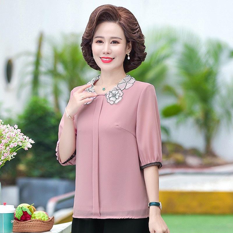 Áo trung niên tay lỡ, áo trung niên tay lỡ cổ hoa, chất liệu voan lụa mềm mại tôn dáng
