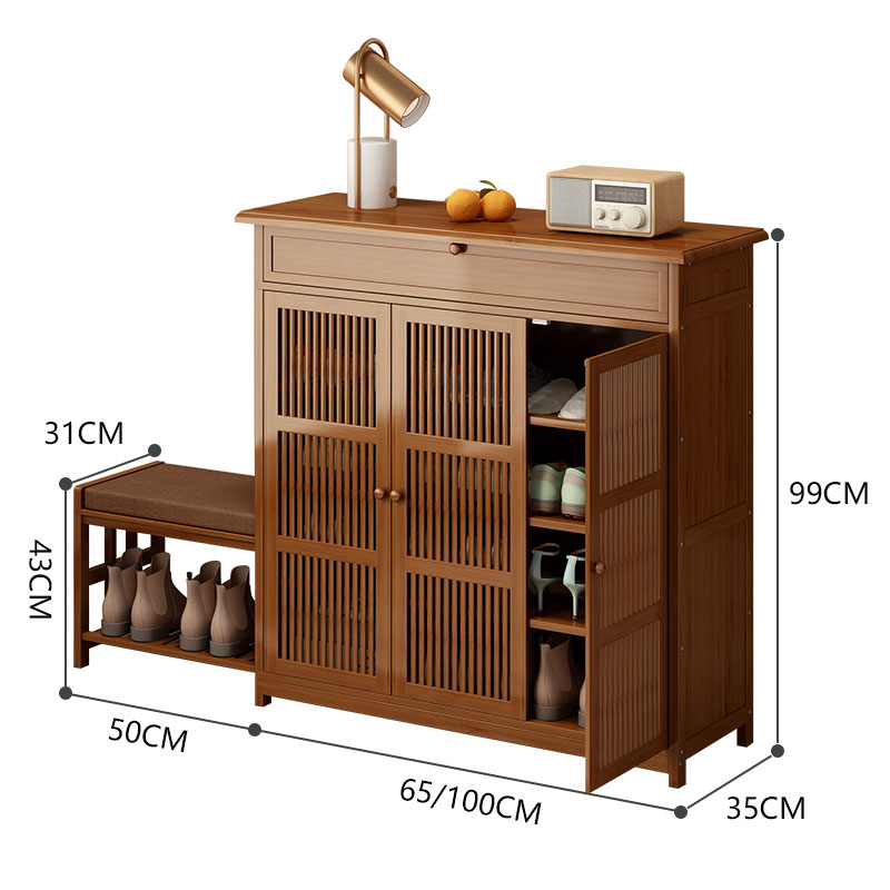 Tủ giày kèm đôn ngồi thay giày dép bằng gỗ tre 1m - Kệ để giày dép, Tủ giày thông minh nhiều ngăn Vintage decor đẹp