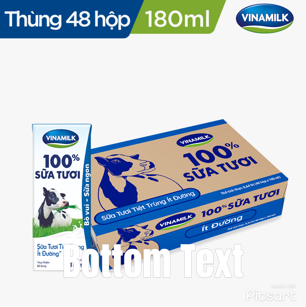 Thùng 48 Hộp Sữa Tươi Tiệt Trùng Vinamilk 100% Ít Đường 180ml