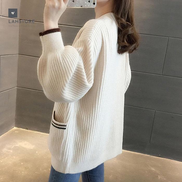 Áo khoác len cardigan nữ tay phồng tiểu thư LAHSTORE, thời trang thu đông 2021