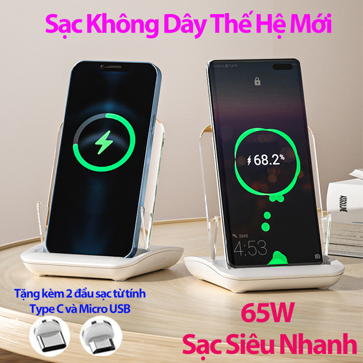 Sạc Nhanh Không Dây 65W A9299 Thế Hệ Mới Thích Hợp Cho Tất Cả Các Dòng Điện Thoại, Đế Sạc Không Dây Tặng Kèm 2 Đầu Sạc Từ Tính