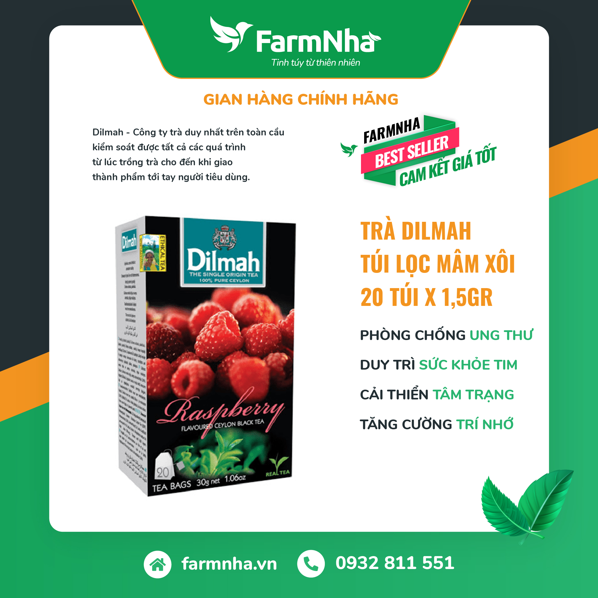 Trà Dilmah Raspberry (Trà Mâm Xôi) túi lọc 30g 20 túi x 1.5g - Tinh hoa trà Sri Lanka