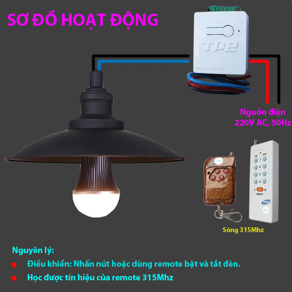 Bộ 2 công tắc điều khiển từ xa TPE RC5H + 1 remote 4 nút, điện áp 12V, Công suất 4A