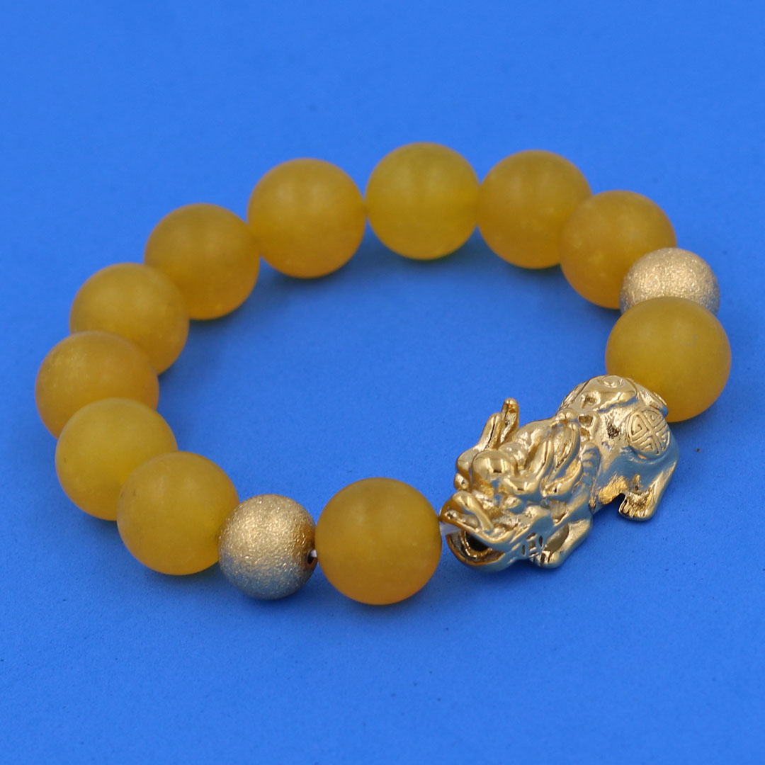 Vòng chuỗi đeo tay đá thạch anh vàng mờ 14 ly  charm tỳ hưu và bi inox vàng, vòng tay chuỗi hạt