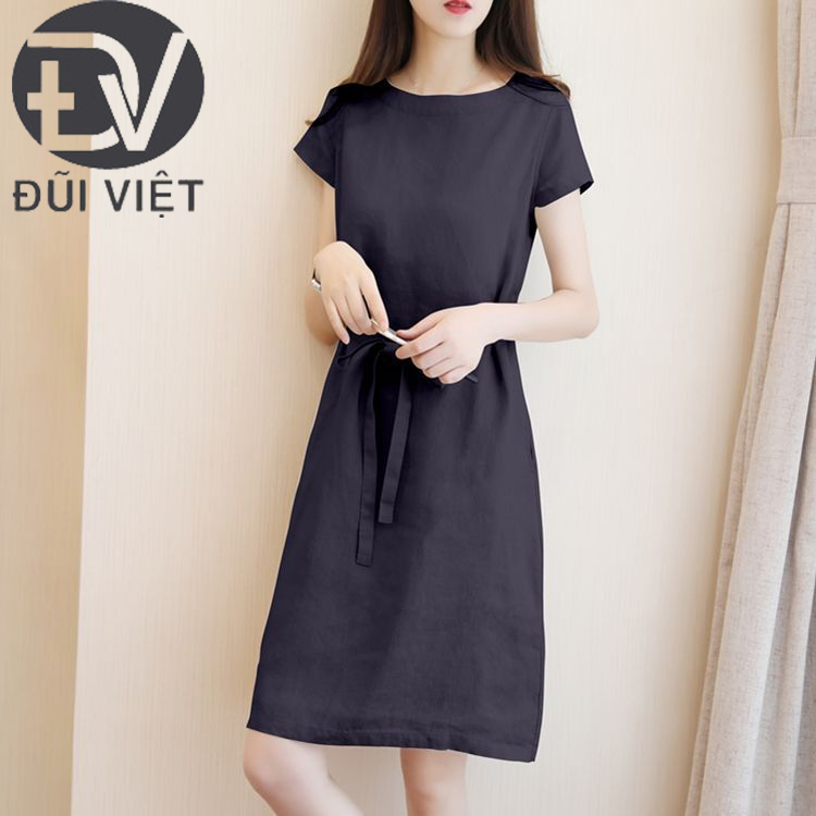 Đầm suông linen tay ngắn cổ tròn kèm đai rời, chất linen mềm mát, style Hàn thời trang Đũi Việt