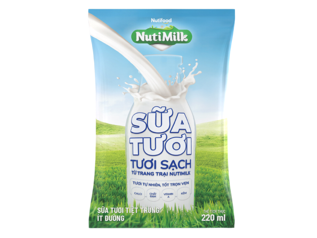 Thùng NutiMilk sữa tươi tươi sạch ít đường bịch 220ml - (48 bịch x 220ml)