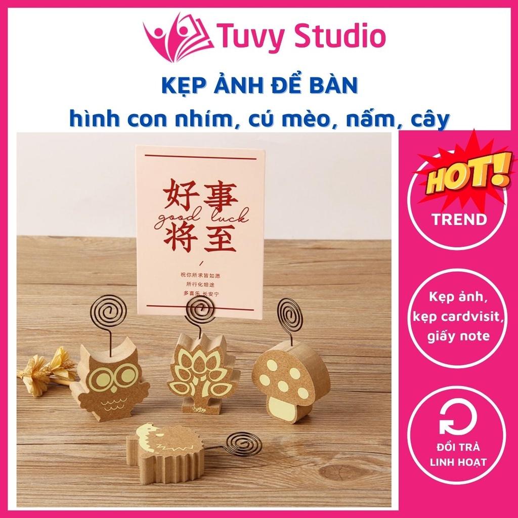 Kẹp ảnh để bàn đế gỗ hình con nhím, cú mèo, cây, nấm, kẹp cardvisit, note, quà tặng ý nghĩa Tú Vy Studio